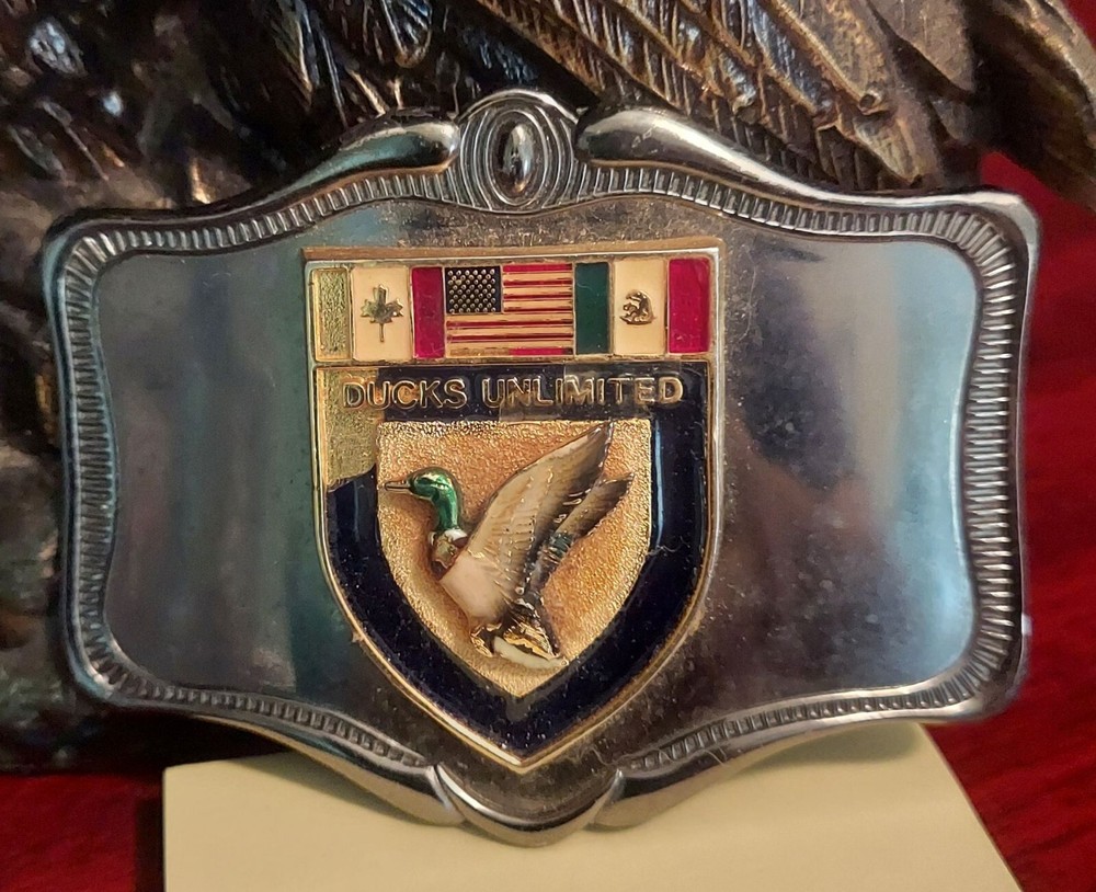 1978 Goldtone Ducks Unlimited Enameled Belt Buckle By A.H.M. Vintage Brass