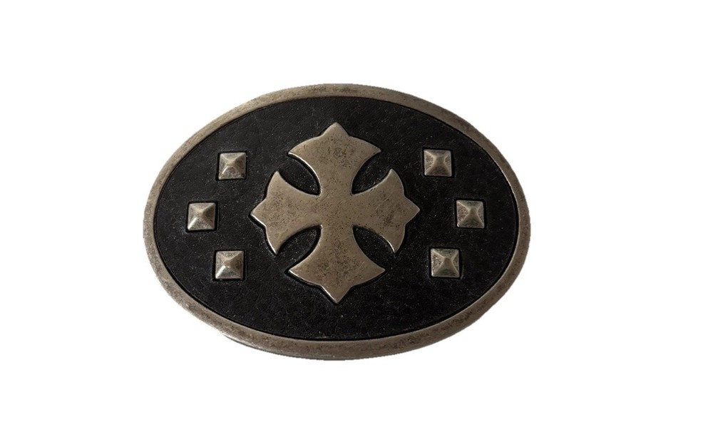 Gothic Cross Oval Belt Buckle Silver Tone Black Enamel Medieval Maltese Style