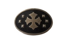 Gothic Cross Oval Belt Buckle Silver Tone Black Enamel Medieval Maltese Style