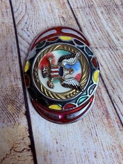 Pair Of Silver Metal Belt Buckles Eagle Seal Embossed Western Thunderbird Paint