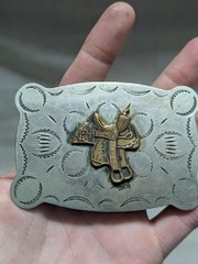 vintage JUSTIN belt buckle NICKEL SILVER equestrian SADDLE cowboy WESTERN rodeo