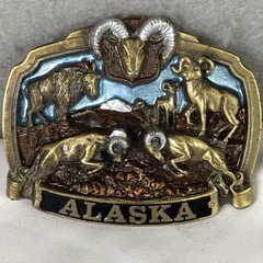 Vintage The Great American Buckle Co Belt Buckle Mens Gold Alaska Wildlife USA