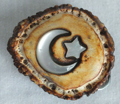 SHRINER CRESCENT MOON MASON BELT BUCKLE MOP ELK HORN signed burl vintage rustic
