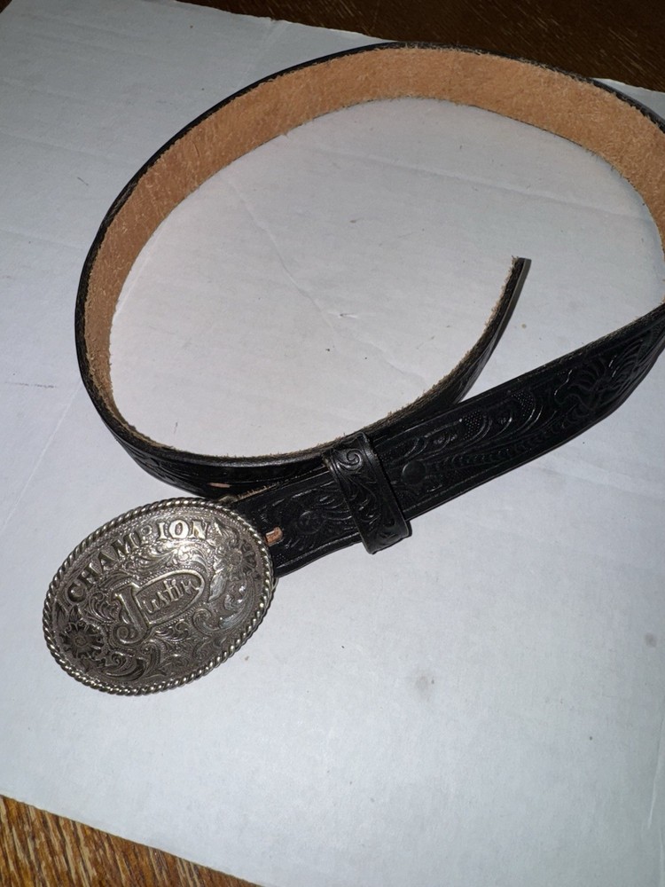 Justin Leather Kids Belt Size 28 Black Tooled “Champion” Buckle