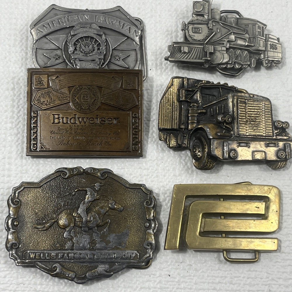 Vintage Belt Buckle Lot 6 Wells Fargo Budweiser Railroad Police Semi Truck
