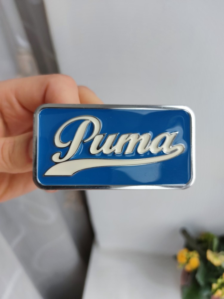 Vintage Puma Belt Buckle Blue White Enamel Script Logo Retro Sportswear Accessor