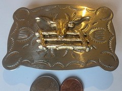 Vintage Metal Belt Buckle, Nice Nickel Silver and Brass, Longhorn Bull, Cow, Rod