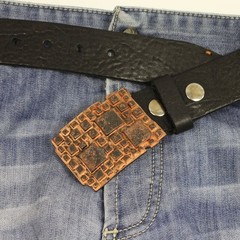 Rustic Copper Belt Buckle With Geometric Relief Design For Jeans