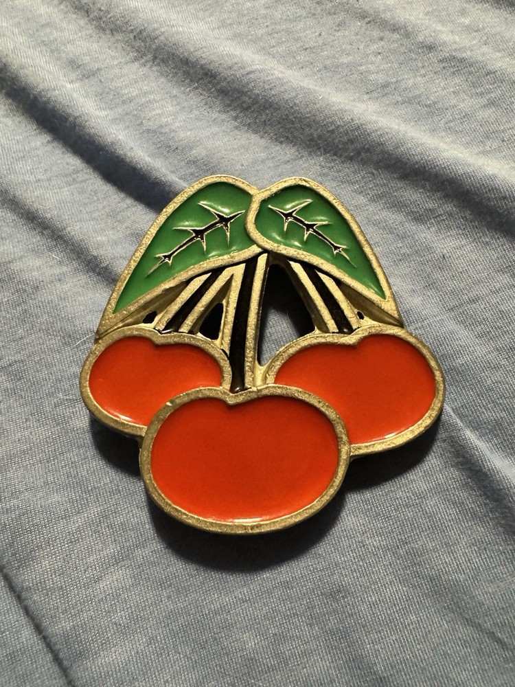Vintage 2002 Mobtown Cherry Belt Buckle Red Green Enamel Cast Metal