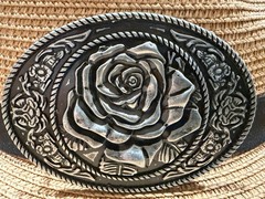 Antiqued Silver Oval Western Cowboy Rose Floral & Vine Belt Buckle