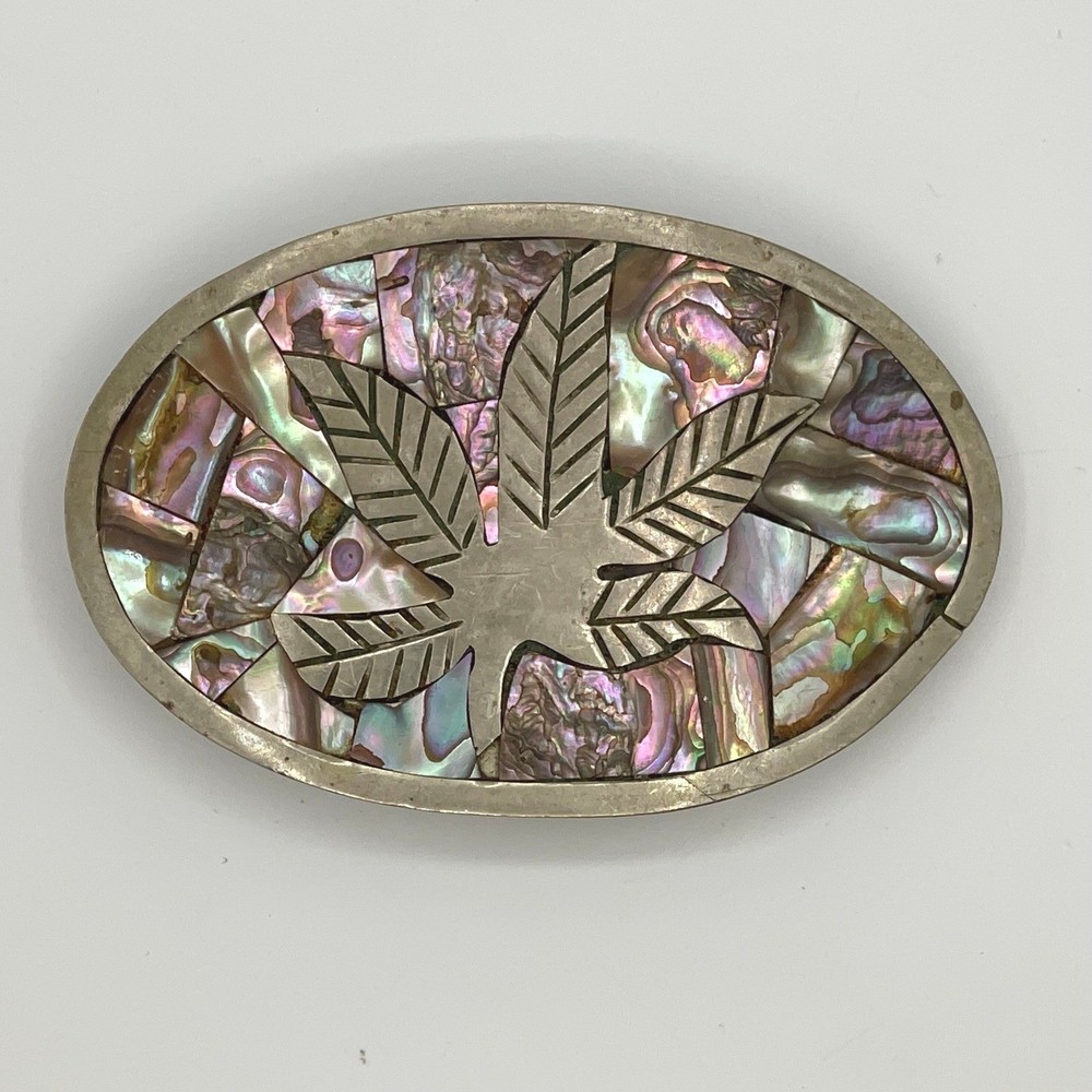 Vintage Mexico Abalone Shell Mosaic Leaf Belt Buckle Iridescent Oval Artisan
