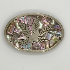 Vintage Mexico Abalone Shell Mosaic Leaf Belt Buckle Iridescent Oval Artisan