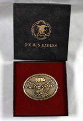 2 NRA National Rifle Association Brass Belt Buckles Golden Eagles in Boxes