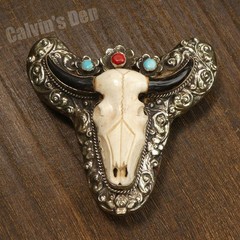 Hand Carved Bull Skull Western Floral Large Belt Buckle with Turquoise & Coral