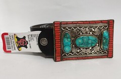 Tibetan Silver Belt Buckle Leather waist trap Turquoise Coral Clasp, BA4