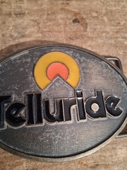 Telluride Ski Resort Belt Buckle 1970s Brass Mountain Enamel Sun