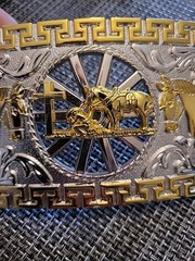 Unbranded Belt Buckle, Silver And Gold Tone Cowboy Kneeling Horse Cross
