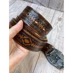 Vintage 1983 Siskiyou Square Dancing Belt Buckle with Tooled Leather Belt Brown