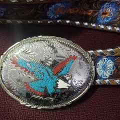 Silver Toned Metal Eagle Belt Buckle Leather Hand Tooled Belt Cowboy Rodeo READ