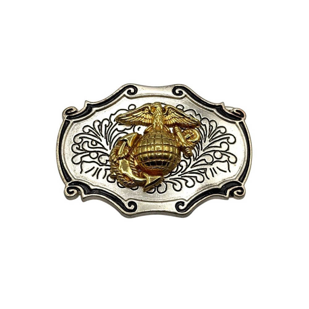 US Marine Corps EGA Belt Buckle Gold Silver Tone Western Scroll USMC Military