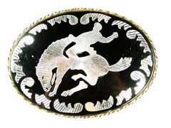 Cowboy Black Silvertone Broncho Busting Belt Buckle By W U.S.A. 32116