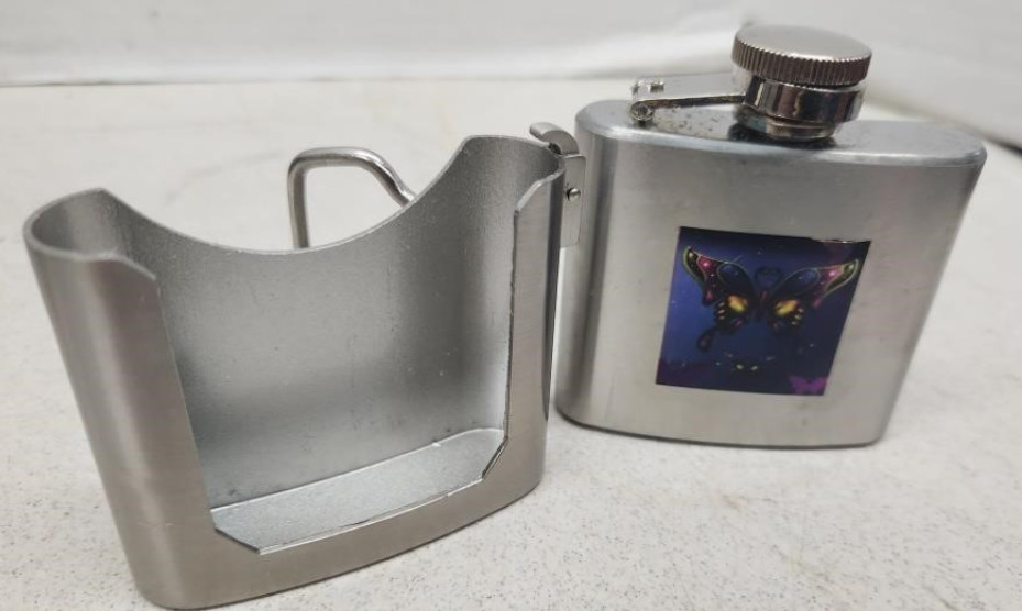 2 oz. Flask with Butterfly Removable Belt Buckle Alcohol Drink Holder
