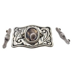 Western Belt Buckle Dendritic Agate Cabochon Silver Engraved Accents Side Pieces