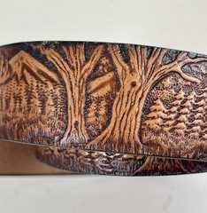 Vtg Tooled Leather Western Belt & Brown Stone BUCKLE 30/34 Small Deer Woods USA