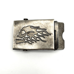 Vintage 90s Silver-tone Metal Flame Skull Military Slide Buckle for 1.5&Prime;Web Belt