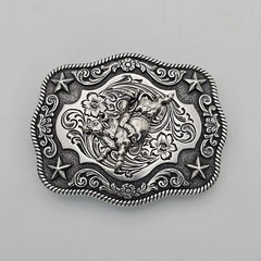 Nocona Western Belt Buckle Bull Rider Rope Edge Rectangular Silver Tone Stars