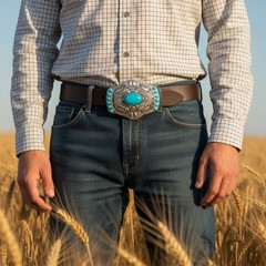 Men Women Silver Metal Buckle Western Cowboy Rodeo Fashion Turquoise Blue Beads