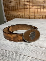 Leather Belt Embossed Eagles American Indian Belt Buckle Vintage made in USA 42”