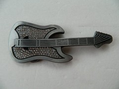 ELECTRIC GUITAR BELT BUCKLE ZINC ALLOY, PEWTER & FAUX DIAMOND, 5.5&Prime;, 3D SCULPTED