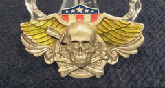 VTG Siskiyou Pewter & Enamel Biker Belt Buckle Skull & Crossbones Wheel & Wings