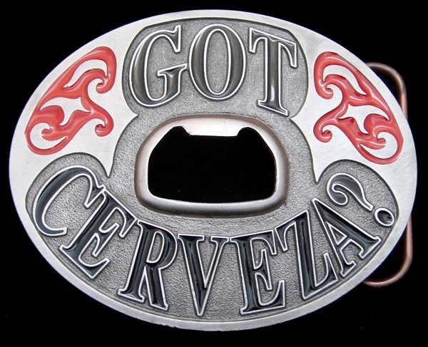 RG24119 *NOS* 2004 **GOT CERVEZA?** BOTTLE OPENER BERGAMOT BELT BUCKLE