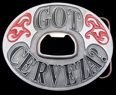RG24119 *NOS* 2004 **GOT CERVEZA?** BOTTLE OPENER BERGAMOT BELT BUCKLE