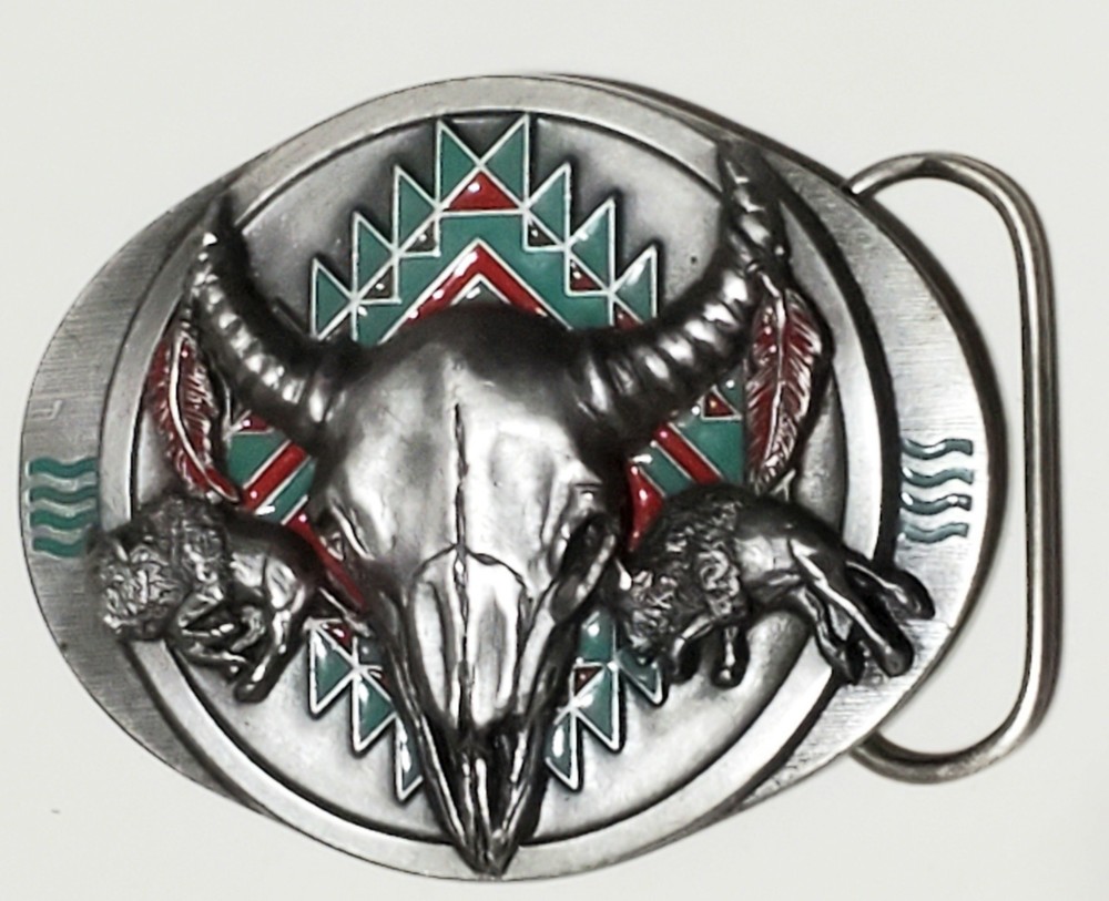 VTG Siskiyou 1992 Enamel Buffalo Skull Belt Buckle Pewter Color USA Made