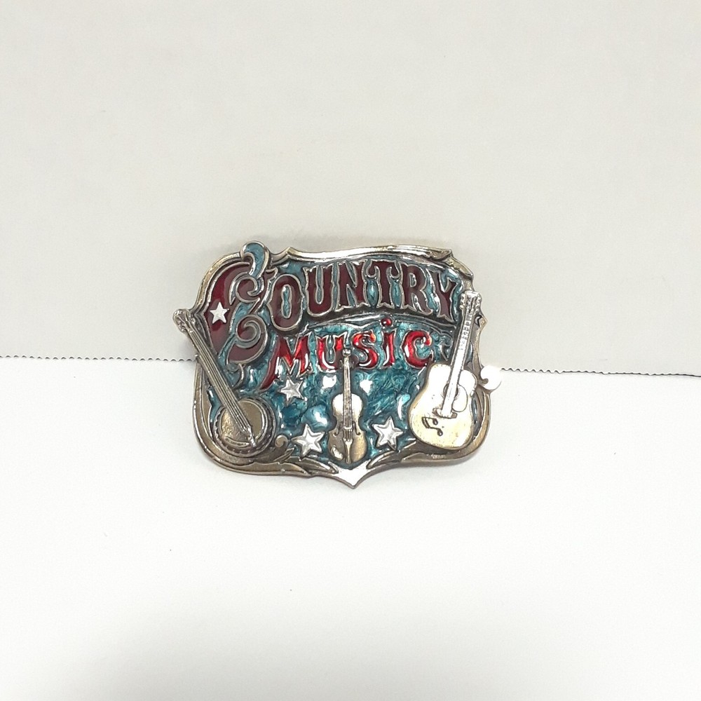 VTG 80s Country Music Belt Buckle Great American USA Guitar Violin Banjo Enamel