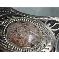 Vintage Western Silver Tone Lace Agate Stone Belt Buckle Scroll Floral Design
