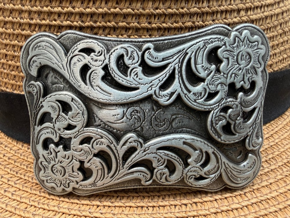 Antiqued Silver Western Cowboy Indian Tattoo Pattern Floral Belt Buckle