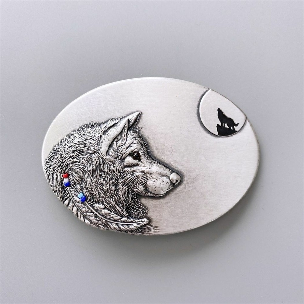 Howling Wolf Oval Western Silver Plated Belt Buckle