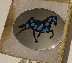 Vintage Metal Belt Buckle, Nice Chrome and Black Enamel, Blue Crushed Turquoise