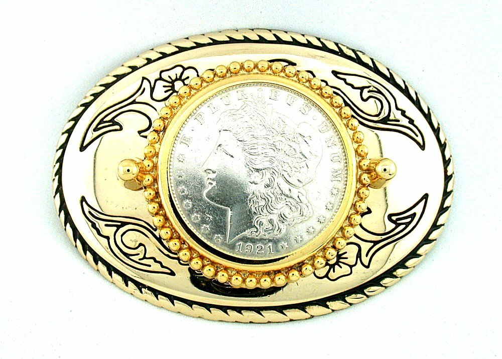 Gold Color Oval Western REAL 1921 Morgan Silver Dollar Belt Buckle EPBB195