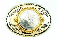 Gold Color Oval Western REAL 1921 Morgan Silver Dollar Belt Buckle EPBB195