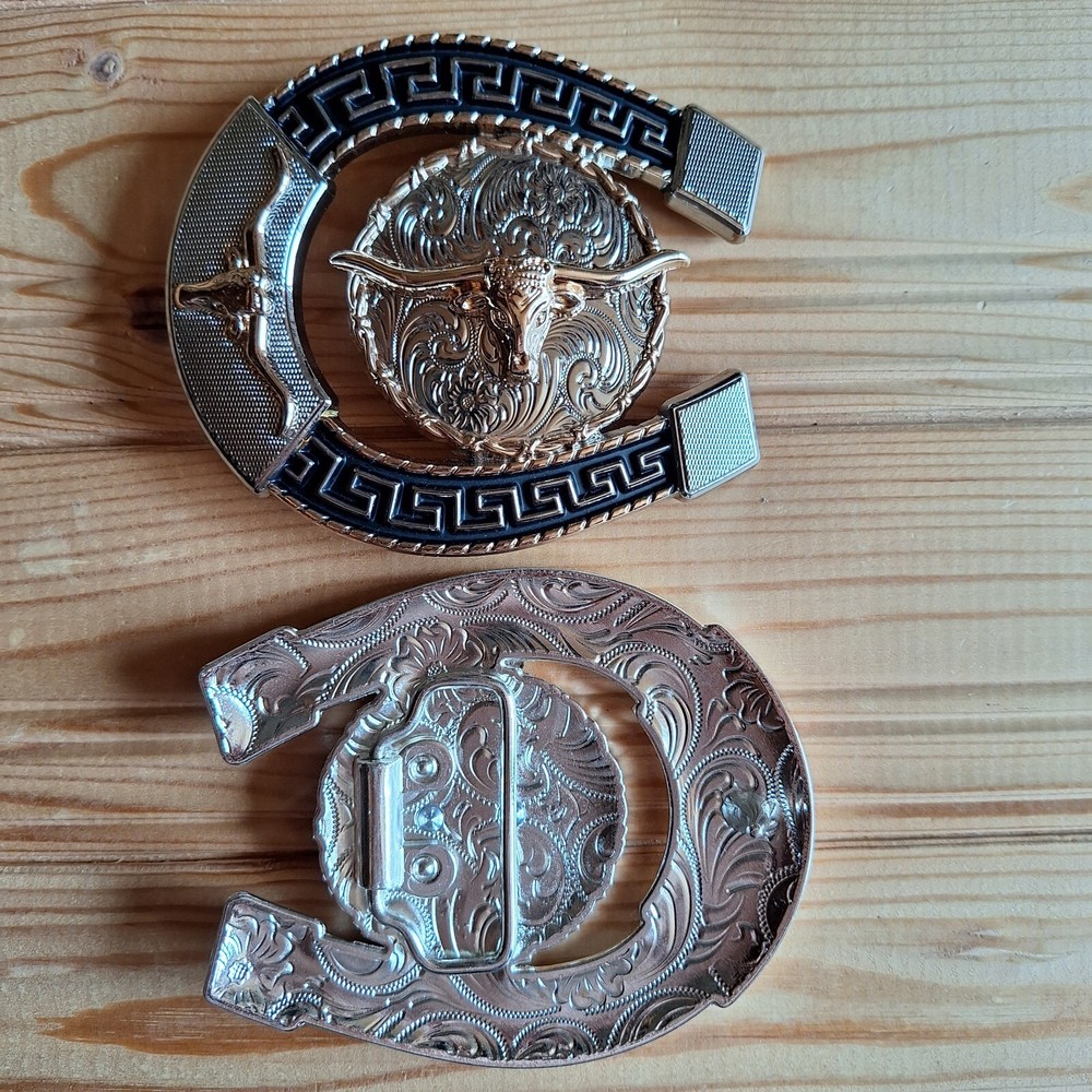 BIG Long horns bull iron western country silver & gold belt buckle