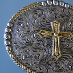 Two Tone Cross Belt Buckle Oval Silver Gold Floral Filigree Western