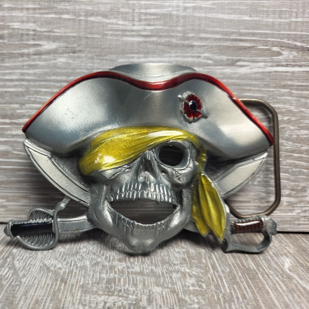 Vtg Large Pirate Skull Crossbones Cross Swords Belt Buckle Costume 1997