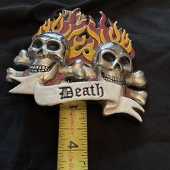 Skulls And Crossbones With Red And Yellow Flames ‘DEATH’ Belt Buckle Biker Goth