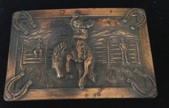 Vintage Western Cowboy Bucking Horse Belt Buckle Pot Metal Copper Overlay