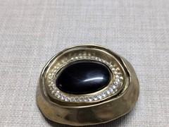 vintage HANDCRAFTED belt buckle ONYX gemstone SIGNED bronze brass BRUTALIST glam